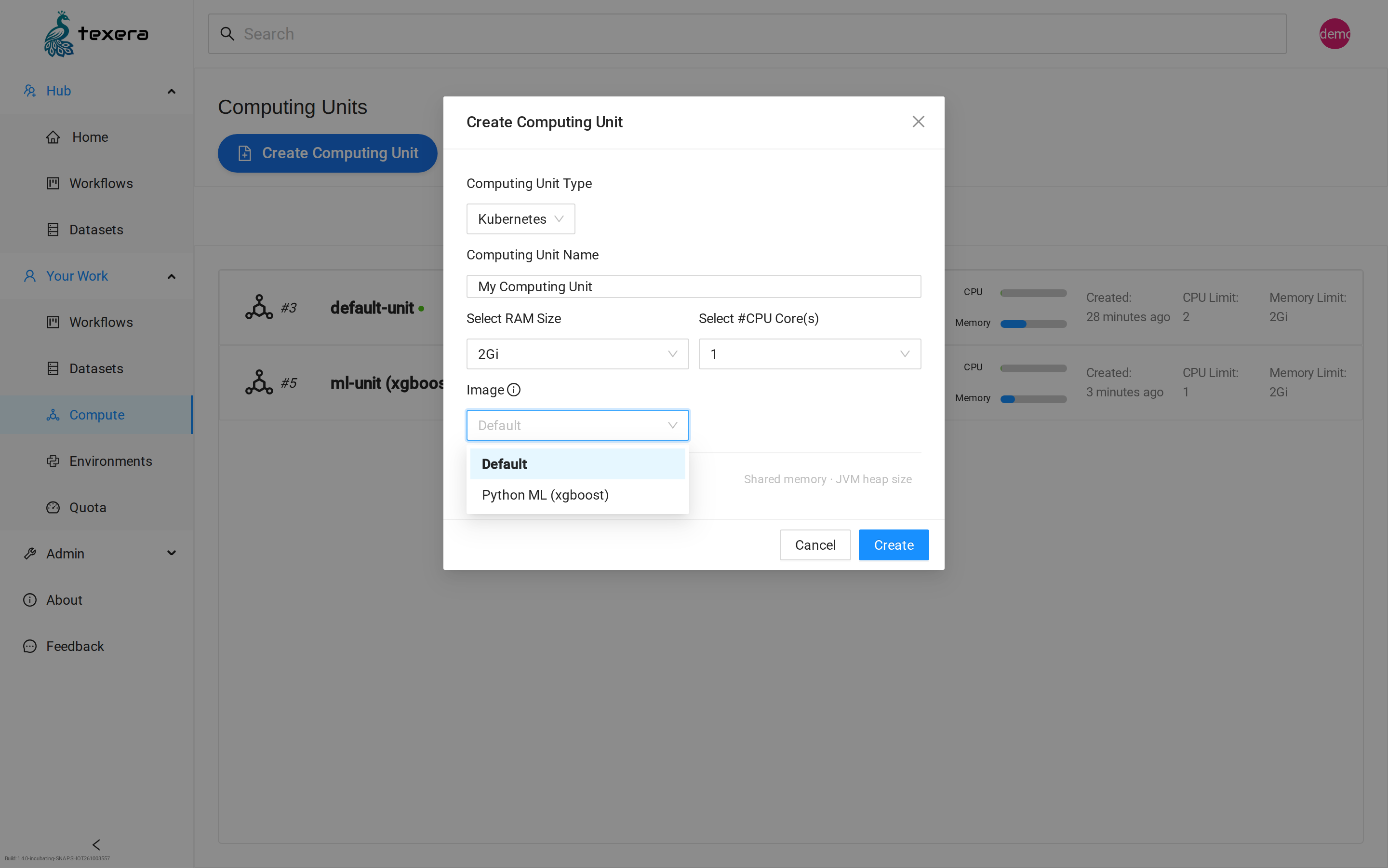 The Create Computing Unit dialog with an Image dropdown listing Default and Python ML (xgboost)