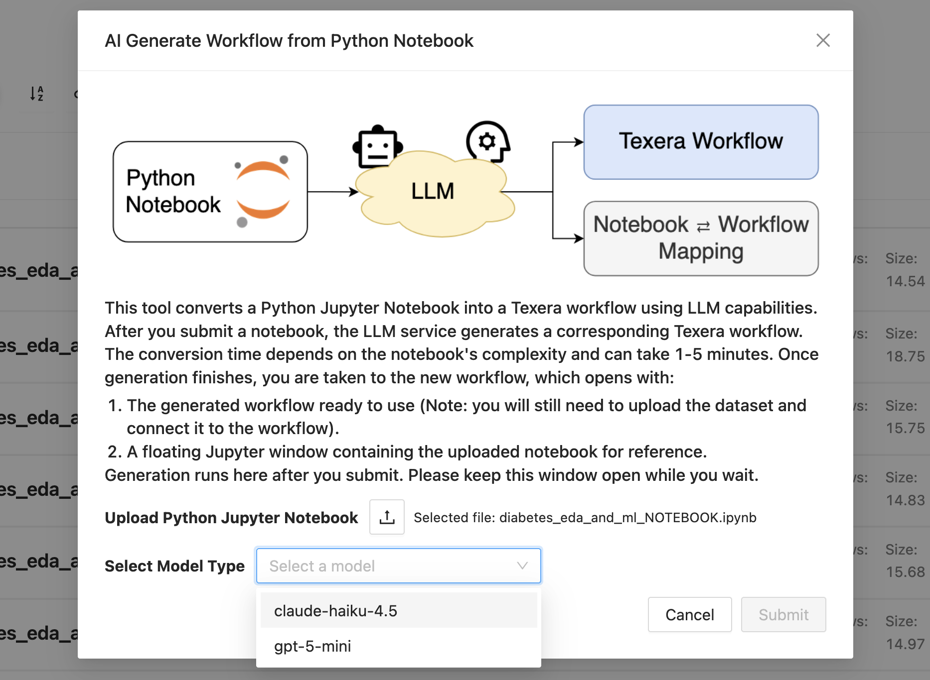 The notebook upload dialog, showing the selected notebook and the model selector