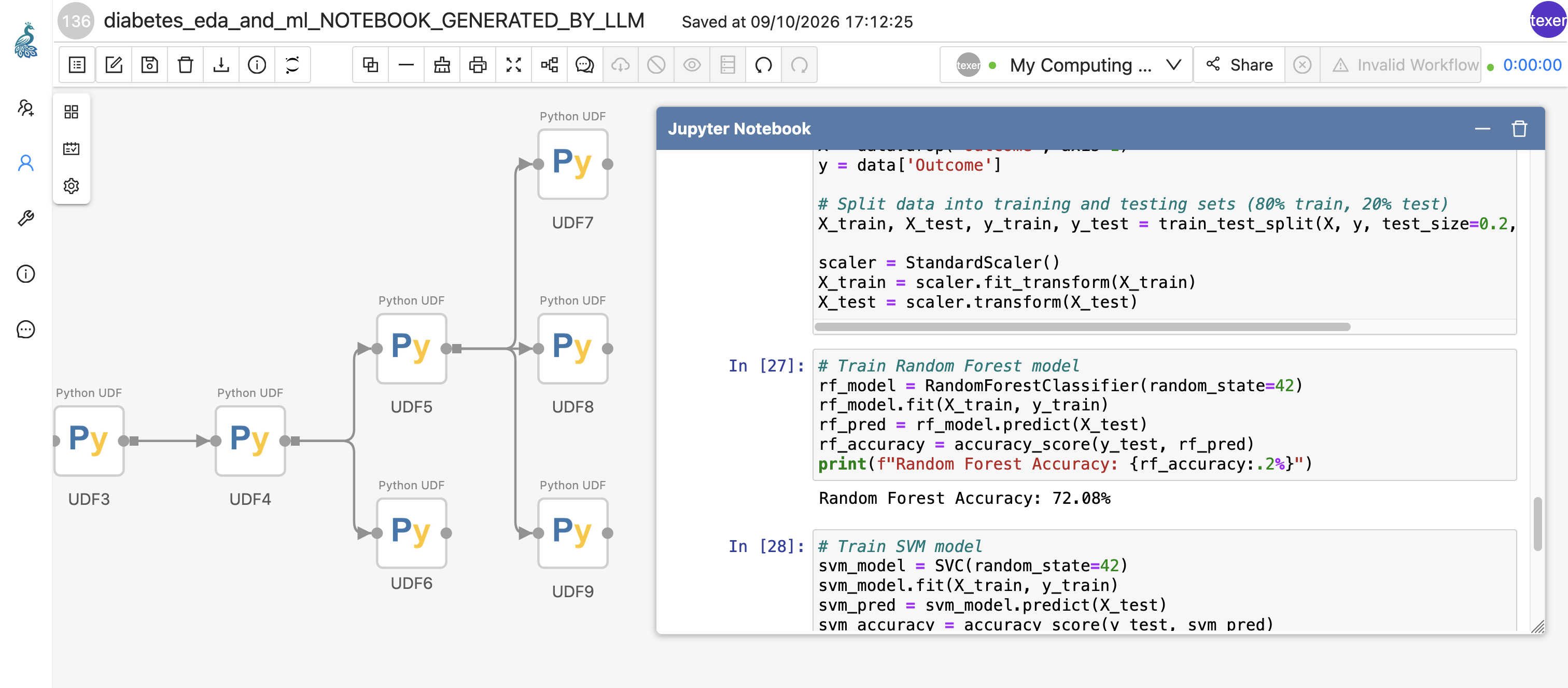 A Texera workspace showing a generated workflow beside the notebook it was generated from